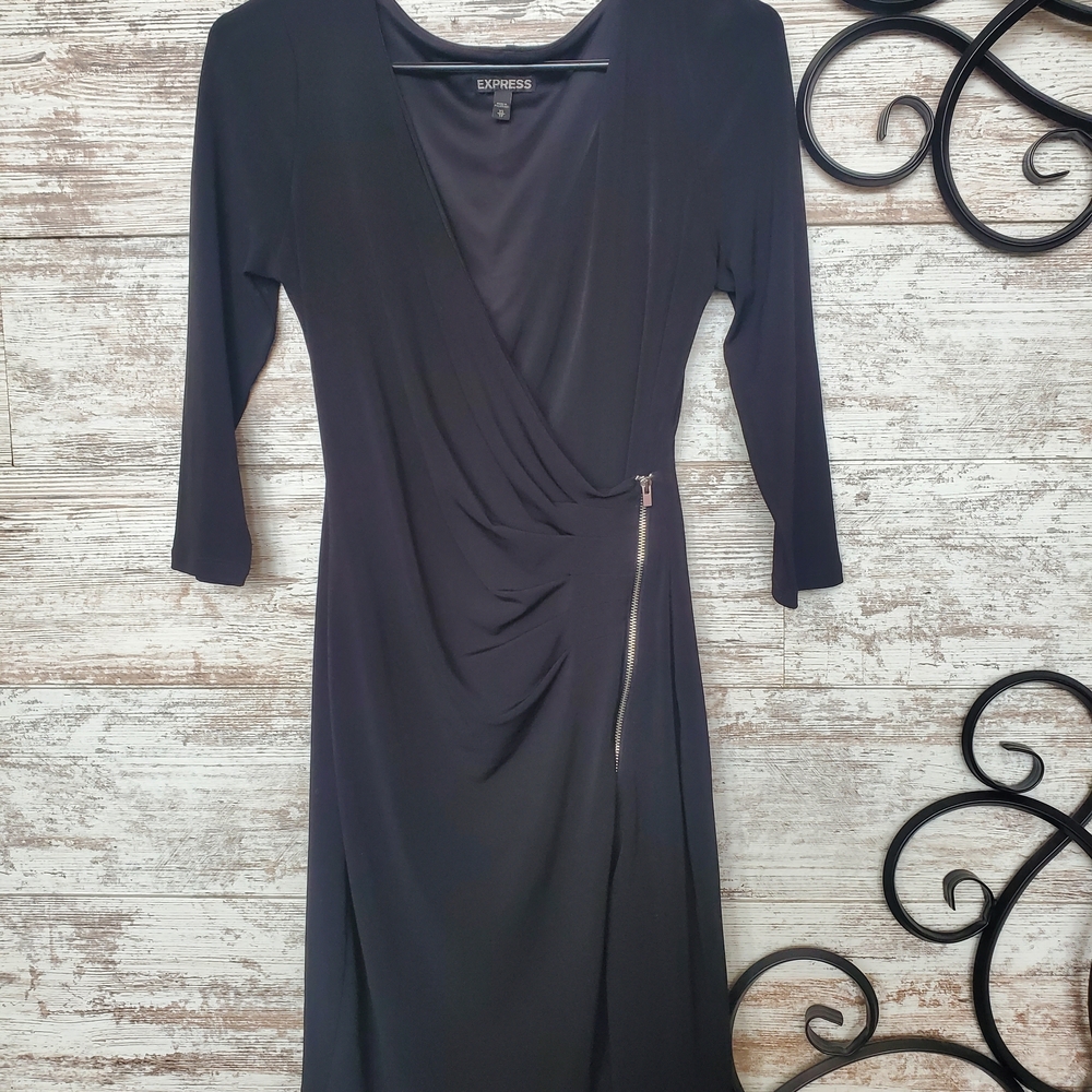 Express Black 3/4 Sleeve Dress with Zipper Detail